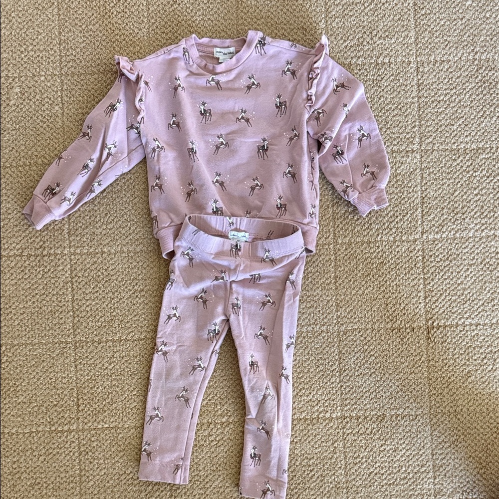 Miles the label Pink Ruffle Shoulder Set with Deer Print 3T